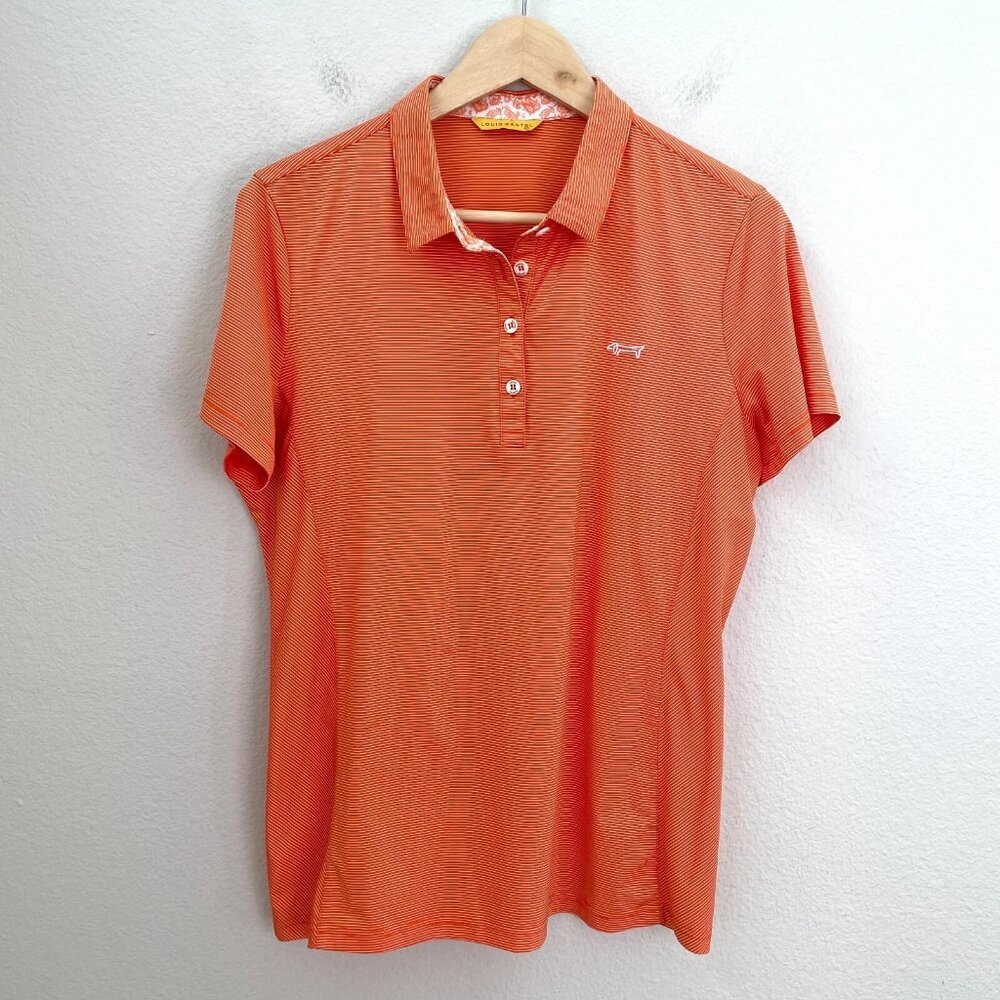 Louis Castel Womens Large Orange White Striped‎ Shirt Short Sleeve Golf Polo Top